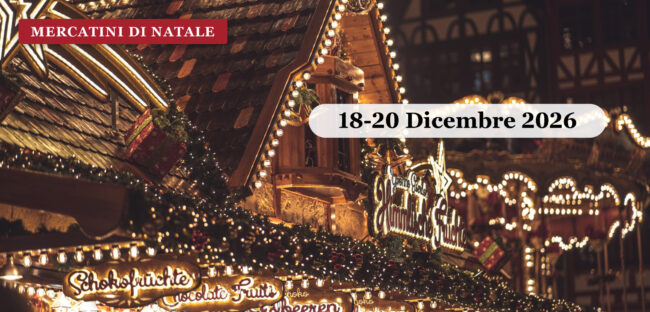 Banchi decorati di un mercatino di Natale con luci e addobbi