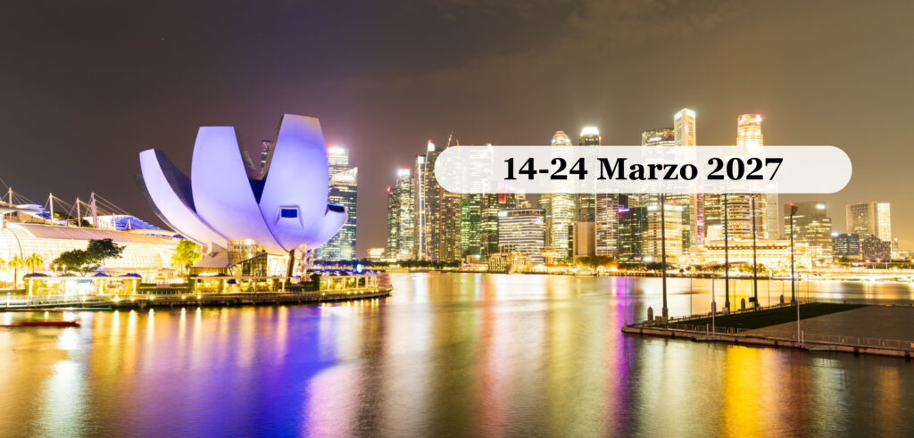 Lo skyline di Singapore su Marina Bay di notte, con l'ArtScience Museum a forma di loto e i riflessi sull'acqua