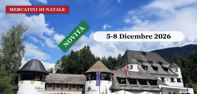 Il castello in Austria con le torrette e i tetti a punta, immerso nel bosco