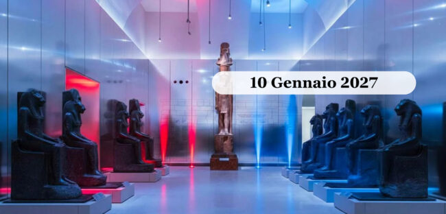 Lo statuario del Museo Egizio di Torino con le statue di Sekhmet e le luci sceniche